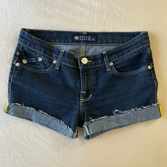 Rock & Republic Y2K Low Rise Dark Blue Designer Denim Shorts, Size 27 - Picture 1 of 10